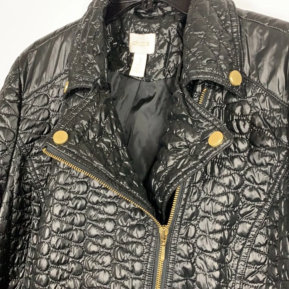 Chico’s Black Lightweight Quilted Jacket With Front Off Center Zipper Size 3 - Picture 2 of 6